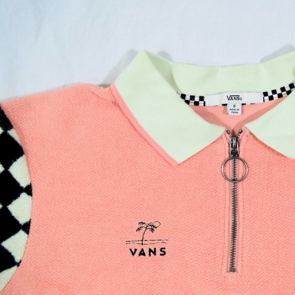 Vans Short Sleeve Terry Cloth Peach + Black & White Checkered Shirt: Size Small - Picture 3 of 5
